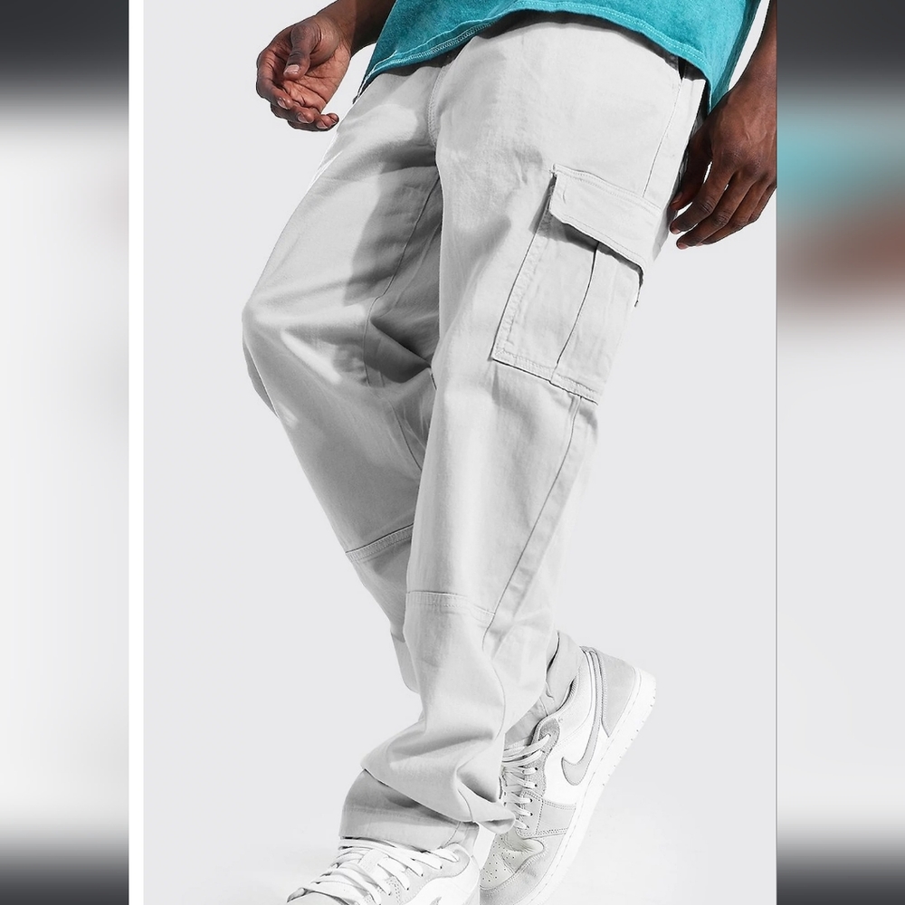 STRAIGHT LEG GARMENT DYED TWILL CARGO PANTS boohooMan Size Medium